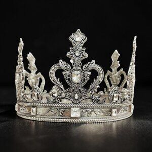 Silver king crown, clear stone crown, wedding crown, renaissance medieval crown